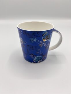 Mug bleu avec notes de musique et oiseaux