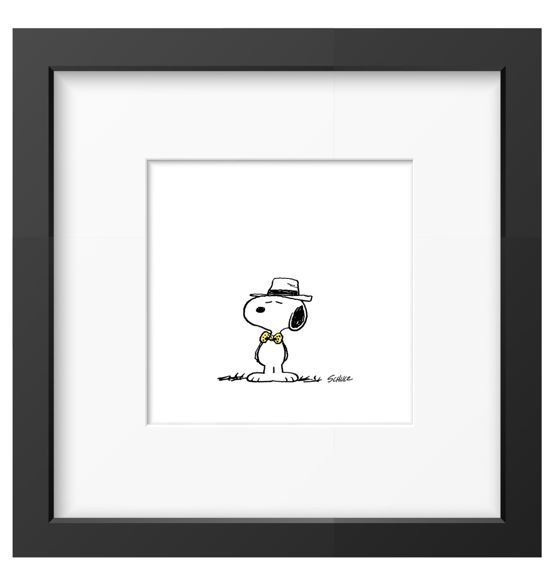 Snoopy portant un chapeau et un nœud papillon jaune, tirage Peanuts noir et blanc encadré dans un cadre noir