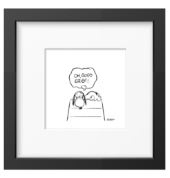 Snoopy affalé sur sa niche avec une bulle de pensée indiquant Oh good grief, tirage Peanuts noir et blanc encadré