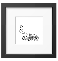 Snoopy endormi sur un lit de notes de musique, tirage Peanuts noir et blanc encadré dans un cadre noir